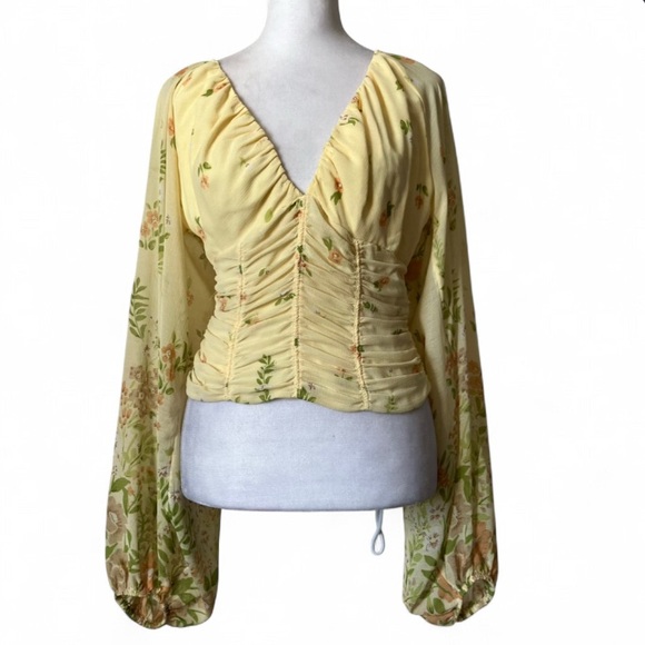 Free People Final Rose Ruched Fitted Bodice Yellow Floral Bohemian Blouse size S - Picture 2 of 9
